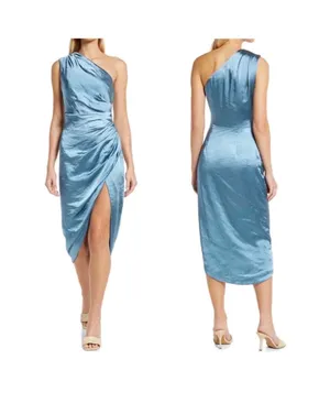 FLAW Elliatt Blue Cassini One Shoulder Ruched Sleeveless Midi Dress Large thumbnail 2