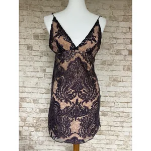 Free People Night Shimmer Sequin Mini Dress Purple Lace Nude Slip Size 0 $108.00 thumbnail 3