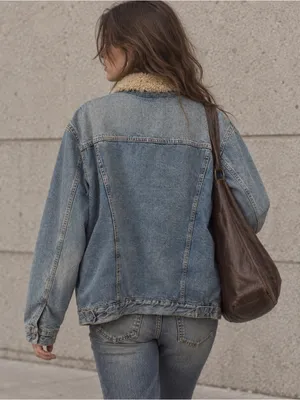 Lucky Brand Oversized Sherpa Lined Denim Trucker Jacket XL Y2K Boho thumbnail 2