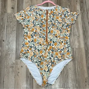 Cupshe Swimsuit Small Cap Sleeve Orange Floral One Piece Swim Bathing Sz… thumbnail 8