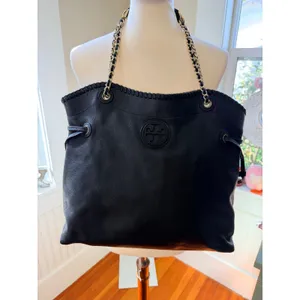 Tory Burch Marion Slouchy Whipstitch Tote Black Pebbled Leather Large thumbnail 2