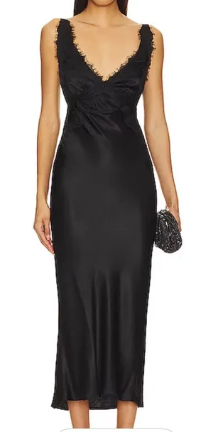 Sndys Gina Black Lace Trim Satin Maxi Dress Women’s‎ Sz L thumbnail 1