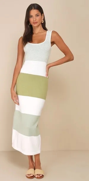 NWT Lulus Easily Gorgeous Ivory and Sage Striped Midi Sweater Dress Casual Sz XL thumbnail 1