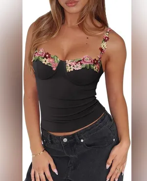 NEW Black Floral Bustier Corset Tops Spaghetti Strap Tank Top Y2K S thumbnail 6