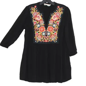 Savanna Jane Top 3/4 Sleeve Embroidered Floral Boho Folk Cottage Black Small thumbnail 6