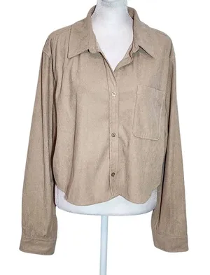 Love Tree Long Sleeve Khaki Corduroy Cropped Button Down Shirt Size Large thumbnail 1