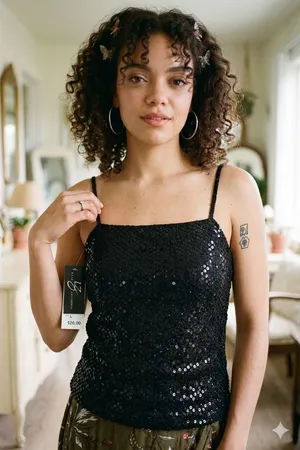 Byer California Black Sequin Camisole Top Vintage Y2K Spaghetti Strap NWT‎ Large thumbnail 1