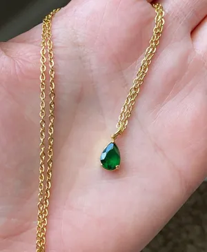 Handmade gold tone stainless steel chain & teardrop shaped green glass crystal chic vintage retro style necklace💚👼 thumbnail 7
