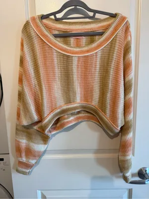 Urban Outfitters Striped Off-Shoulder Sweater in Peach, Cream & Olive thumbnail 2