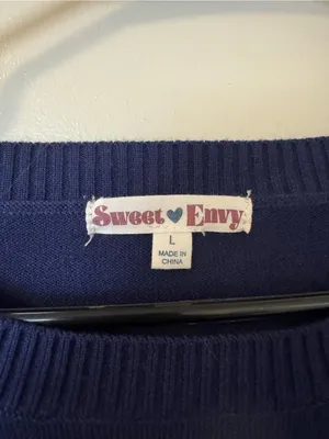 Sweet Envy Navy Blue Cropped Bunny Knit Sweater Coquette Kawaii Preppy Bow Sz L thumbnail 5