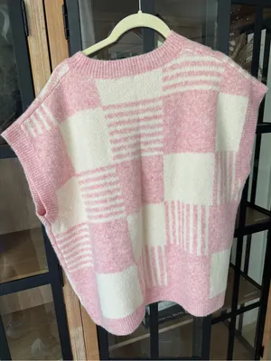 Bibi checkered sweater vest short sleeve striped blush ivory crewneck top thumbnail 5