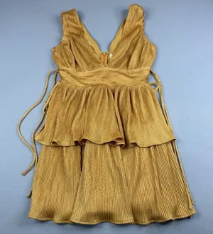 Lena Gold Pleated Tiered Mini Dress Deep V Neck Side Tie Party Dress Small thumbnail 1
