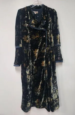 Free People Hazel Duster Velvet Coat Floral Print Black Gold Brown Lined XL H thumbnail 5