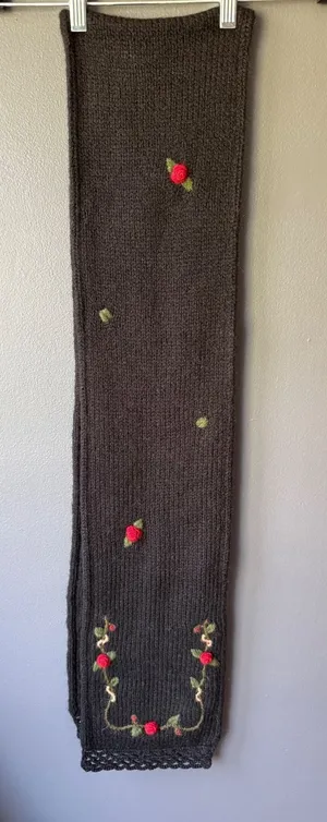 Vintage Hand-Knit Black Alpaca and Acrylic Scarf with Red Rose Embroidery thumbnail 1