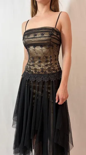 Black Mesh Overlay Embellished Corset Vintage Masquerade Formal Dress thumbnail 1