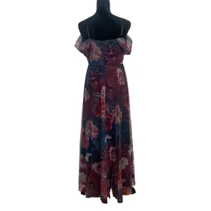 Candalite Women's M Floral Glitter Mesh Maxi Dress Burgundy Teal Off‎ Shoulder M thumbnail 2