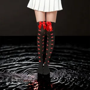 Lips Kiss Mesh Thigh High Stockings Bow Decor Valentines Day Over The Knee Socks thumbnail 9