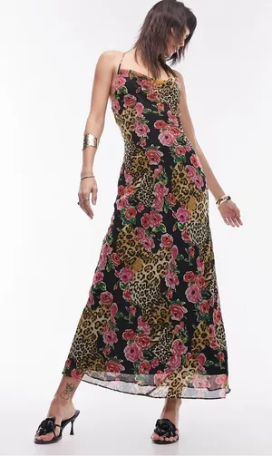 NWT Topshop Cami Slip Midi Dress in Leopard and Rose Print Size 2 thumbnail 1