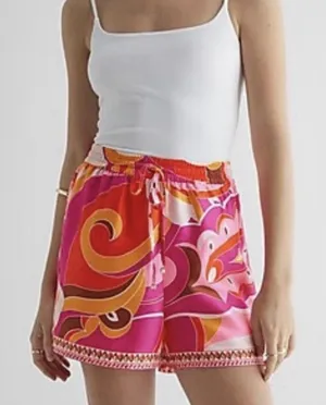 Express Pink Orange Swirl Print Elastic Waist‎ Tie Shorts L boho fairy Y2K thumbnail 1