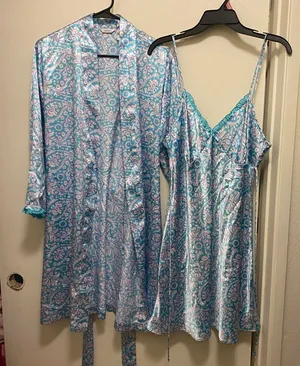 Vintage Adonna Womens Paisley Short Nightgown And & Robe Set L 42” Blue Floral thumbnail 1