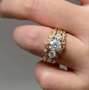 Golden Tone Ring with Diamond Inlaid Size 7 thumbnail 3