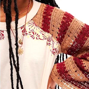 Free People Festival Ready Tee Crochet Sleeve Cream & Rust Knit Top Size Large thumbnail 4
