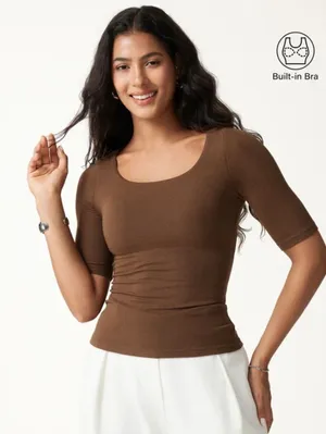 OGL Essential Elbow Length Sleeve Square Neck Bra Top Sweet Hazelnut Brown M NWT thumbnail 1