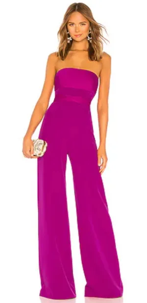 Milly Brooke Strapless silk Magenta Sash Waist Wide Leg Italian Cady Jumpsuit thumbnail 1