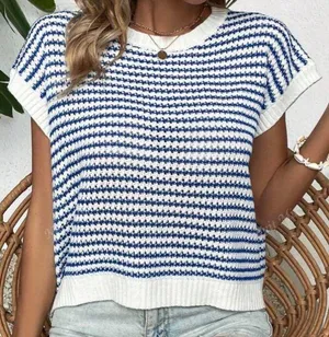 SheIn Knit Mix Striped Round Neck Loose Knit Top thumbnail 4