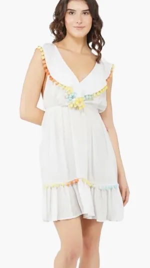 White Dress with Colorful Pom-Pom Accents perfect for Beach Sz L thumbnail 1