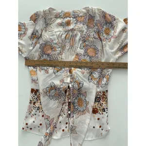 Free People Blouse Womens M White Floral Run Free Balloon Sleeve Tie Front Silky thumbnail 12