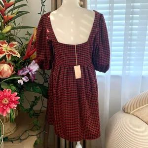 Hutch Square Neck Puff Sleeve Checker Plaid Mini Dress in Red Multi thumbnail 6