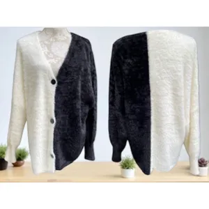 Black White Colorblock Fuzzy Cardigan Sweater Size XL Oversized Drop Shoulder thumbnail 2