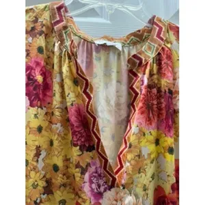 Current Air Los Angeles Floral Tiered Midi Dress Yellow Pink V-Neck Size‎ L thumbnail 5
