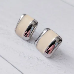 Vintage Stud Earrings Silver Tone & Cream Enamel Square thumbnail 2