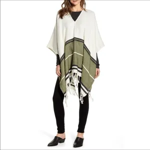 Treasure & Bond Fringe Poncho Striped Boho Jacket Cover Cozy Warm Winter v6x thumbnail 3