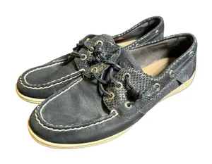 Sperry‎ Boat Shoes Women 9M Black Snakeskin Leather Canvas Songfish Loafers thumbnail 1