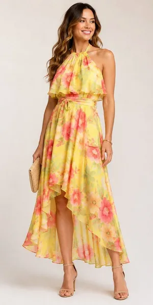 Eliza J Yellow Floral Halter High Low Maxi Dress 8‎ Chiffon Wedding Guest Party thumbnail 1