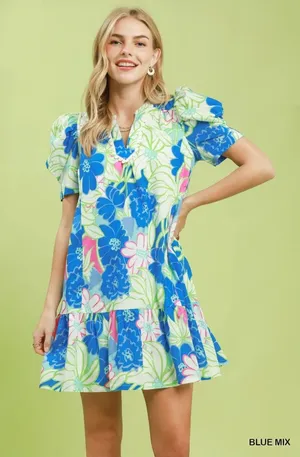 Umgee Floral Puff Sleeve Tiered Mini Dress - Blue Mix - Small thumbnail 1