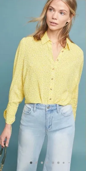 Maeve Yellow Collared Button-Down Tie Cuff Long Sleeve Blouse✨ thumbnail 1