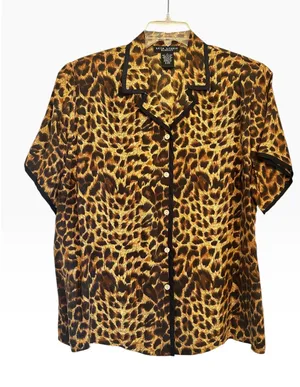Seta Studio 100% Silk Leopard Animal Print Blouse 80s Camp Collar Top Sz 1X thumbnail 1