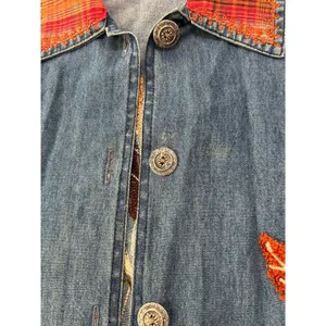 Vintage 90s Keren Hart Fall Autumn Leaf Embroidered Denim Button Down Orange M thumbnail 8