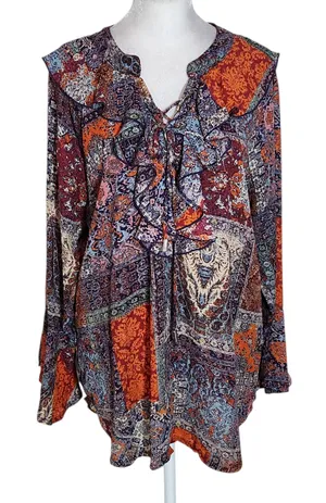 New Directions Multicolor Paisley Boho Blouse with Ruffle Accent Size Large Boho thumbnail 1