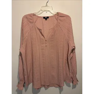 Frye Blush Pink Eyelet Peasant Boho Aztec Print Textured Buttons Blouse SZ L thumbnail 3