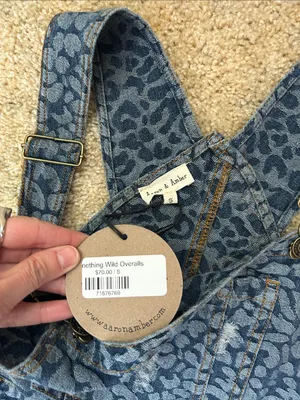 Aaron & Amber denim blue animal print wide bell leg boho overalls S thumbnail 5