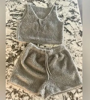 Womens Sexy Warm Fuzzy Fleece Cropped Lounge Two- Piece Set Size Small 🩶🩶 thumbnail 5
