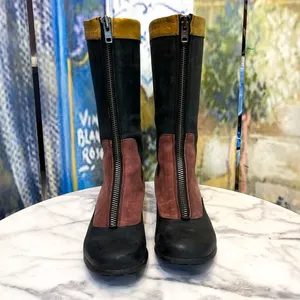 John Fluevog Encourage Kathryn Leather Tall Boots Black Burgundy‎ Yellow 8 GUC thumbnail 6