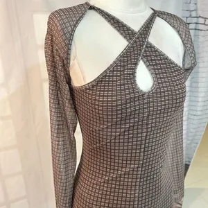 Motel Rocks 🔥5/$25 sale🔥 Brown and Neutral Plaid Pattern with Cutouts and Sheer Sleeve thumbnail 4