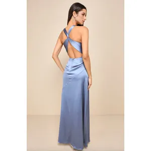 Lulus Purely Elegant Slate Blue Satin Twist Back Maxi Dress Long Formal XL NWT thumbnail 2