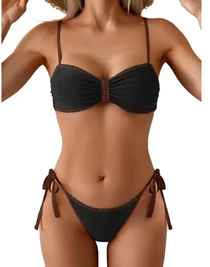 B2prity Bikini String Triangle Two Piece Bathing Suit Side Tie Swimsuit MEDIUM Brown thumbnail 1
